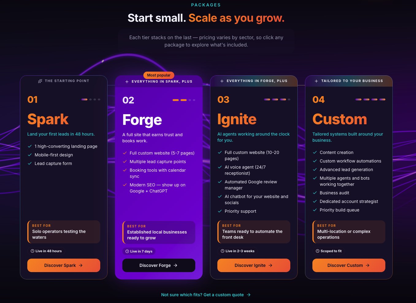 Forge Local packages page: Spark, Forge, Ignite, and Custom tiers on a dark ground with orange and teal