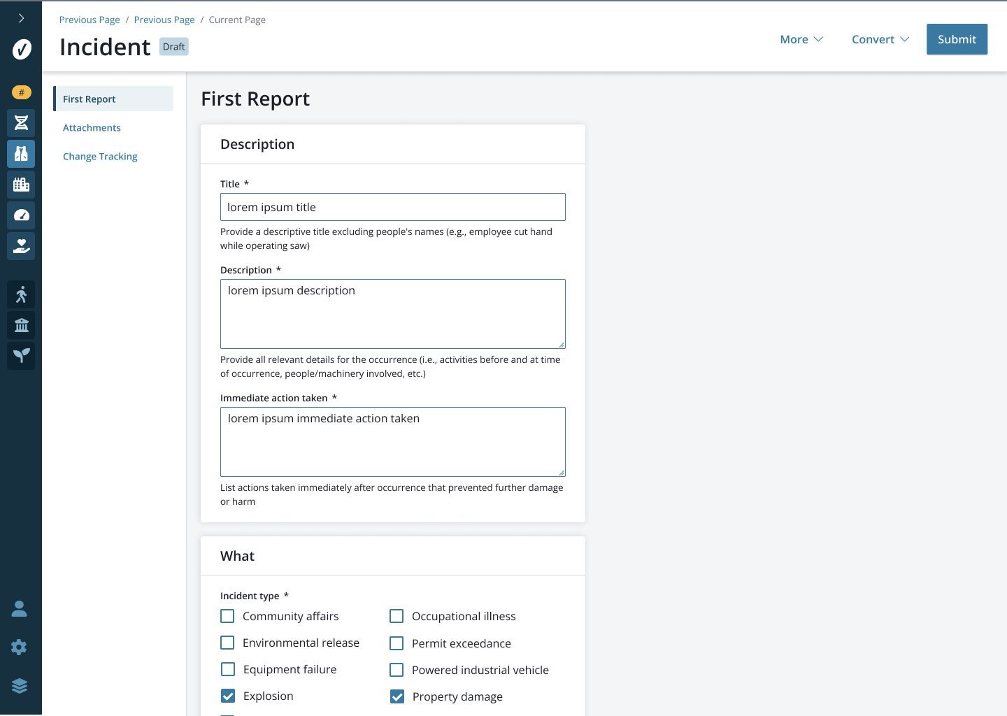 Redesigned incident form with white inputs, helper text, required markers and the capability nav