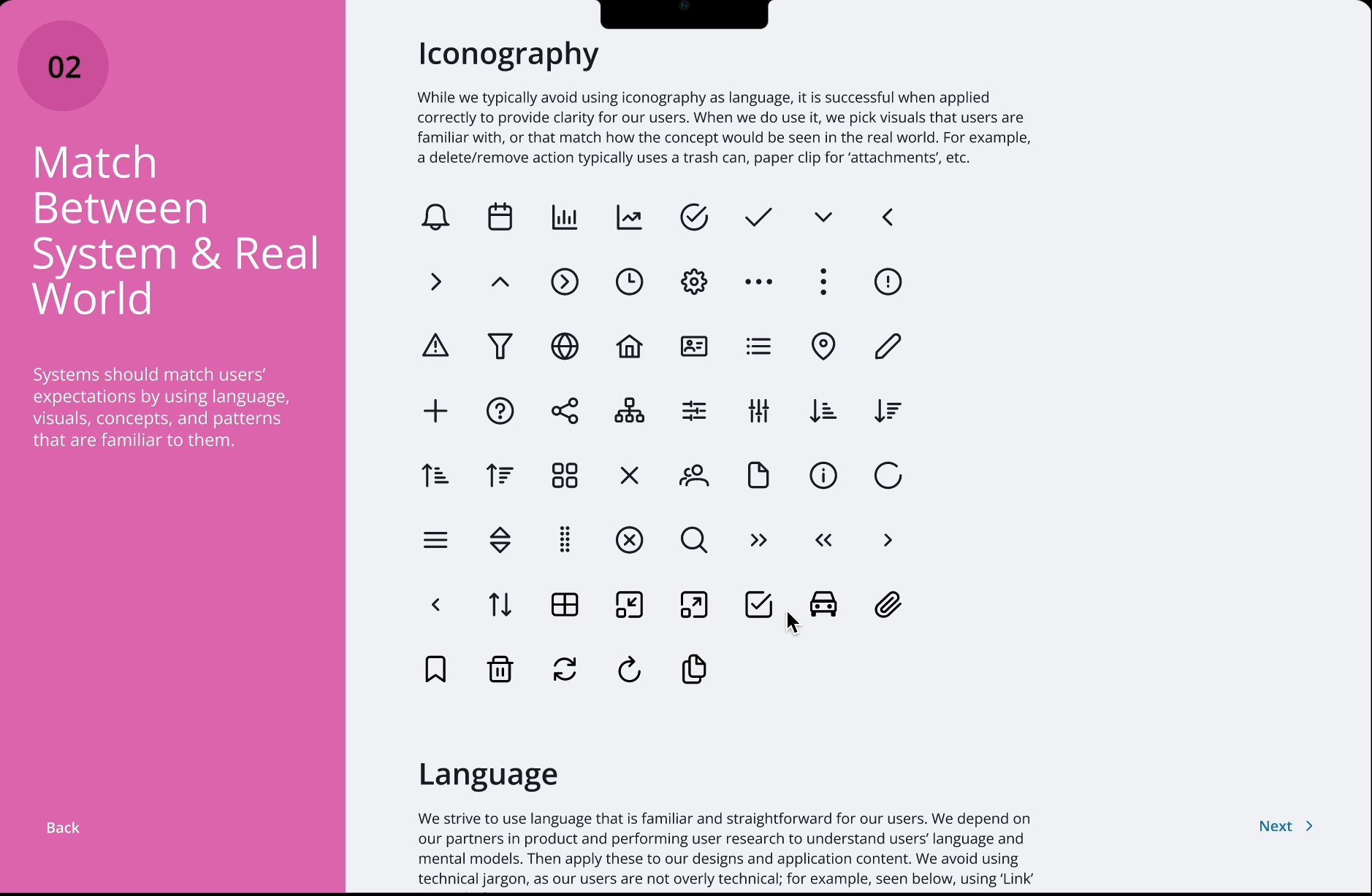 The iconography page of the design guide