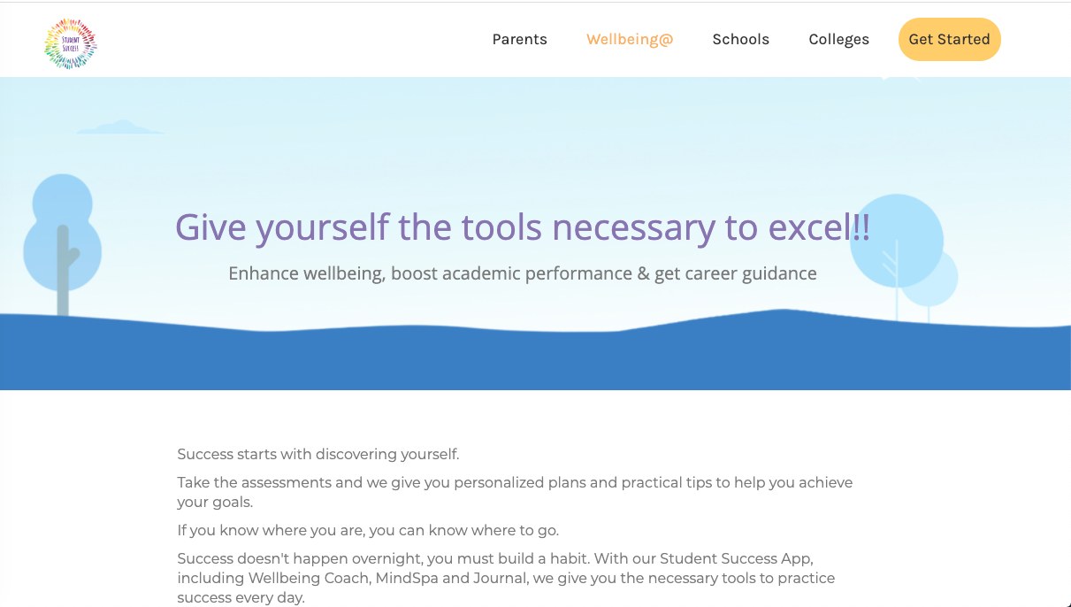 Old landing page: purple headline on pale blue hero, grey body text on white, orange active nav item