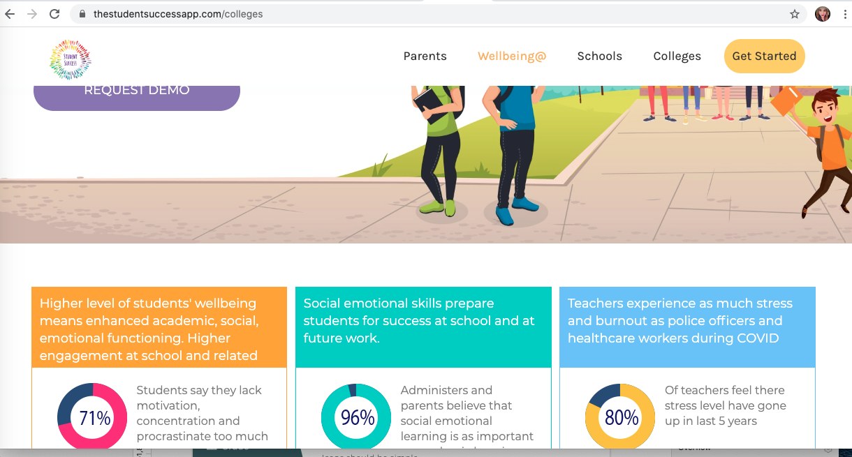 Old colleges page: orange, teal and blue stat blocks, purple button, yellow call to action, rainbow logo