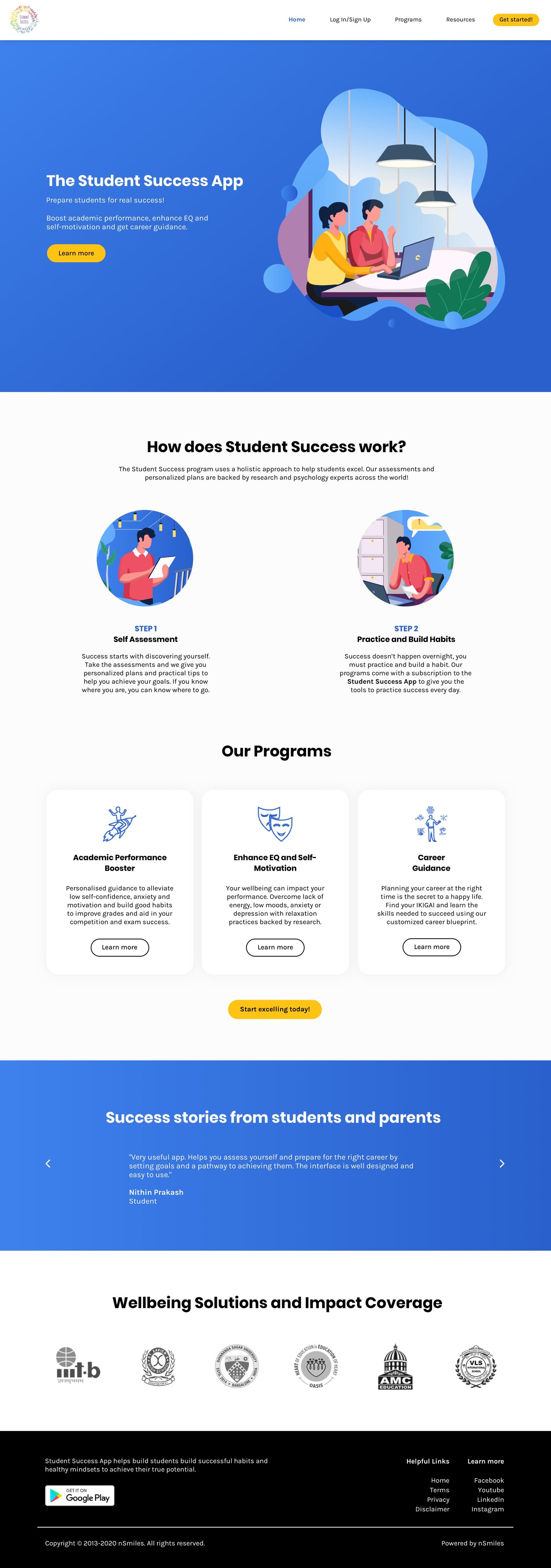 The shipped Student Success homepage, full page: blue hero, two steps, three programs, testimonials, partner logos